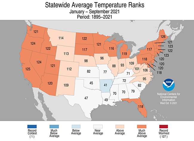 January-September 2021 Statewide Temperature Ranks Map