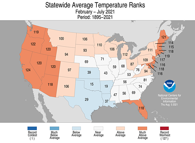 February - July 2021 Statewide Average Temperature Ranks