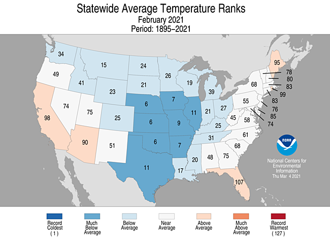 February 2021 Statewide Temperature Ranks Map