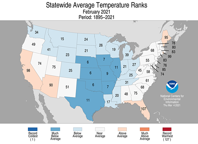 1-Month Statewide Average Temperature Ranks