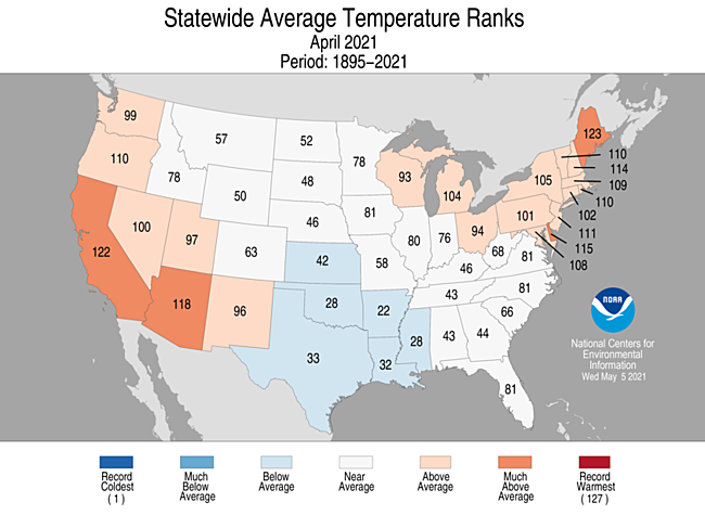 1-Month Statewide Average Temperature Ranks