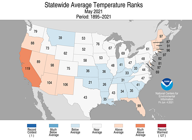 1-Month Statewide Average Temperature Ranks