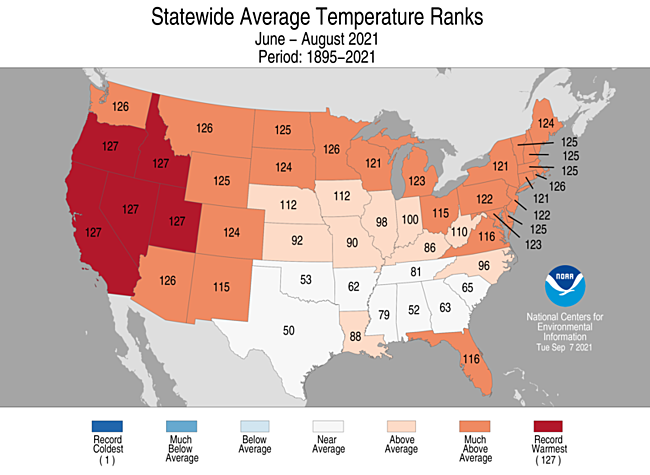 June - August 2021 Statewide Average Temperature Ranks