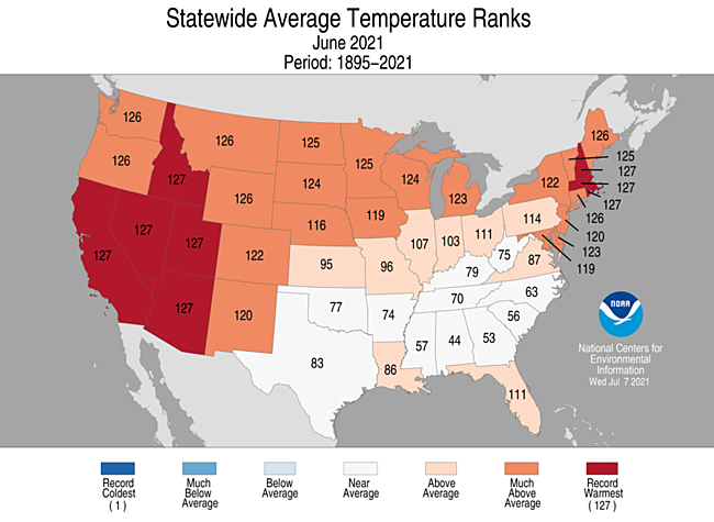 June 2021 Statewide Average Temperature Ranks
