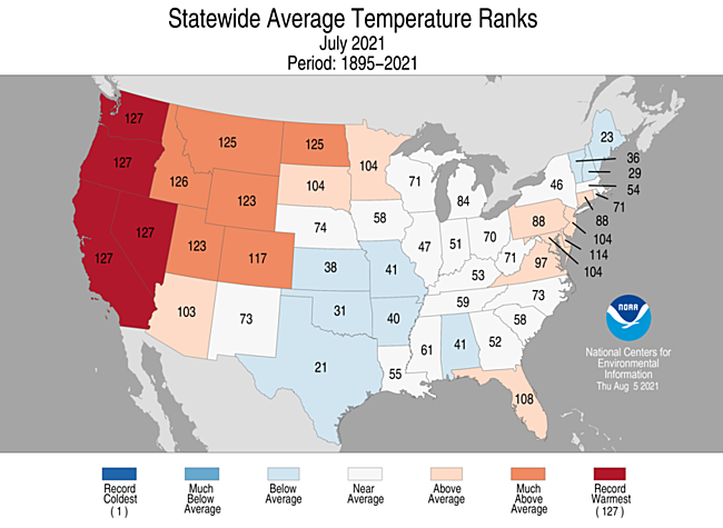 July 2021 Statewide Average Temperature Ranks