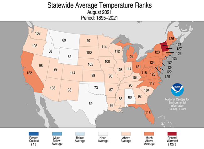 August 2021 Statewide Average Temperature Ranks