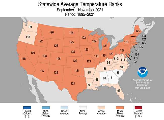 September - November 2021 Statewide Average Temperature Ranks