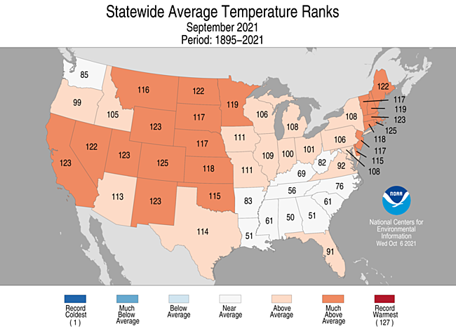 September 2021 Statewide Average Temperature Ranks