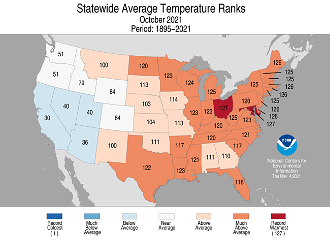 October 2021 Statewide Average Temperature Ranks