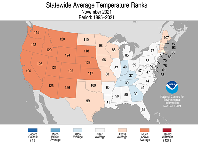 November 2021 Statewide Average Temperature Ranks