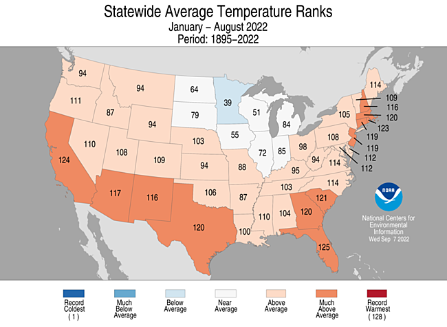 January-August 2022 Statewide Temperature Ranks Map