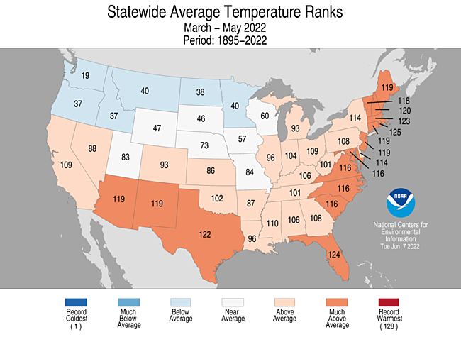 March-May 2022 Statewide Temperature Ranks Map