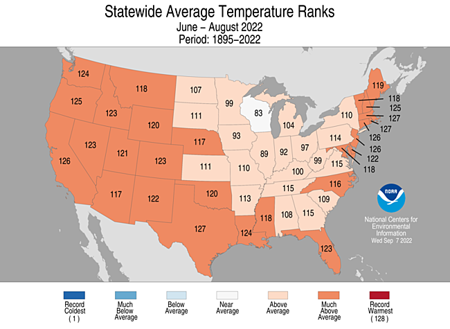 June-August 2022 Statewide Temperature Ranks Map