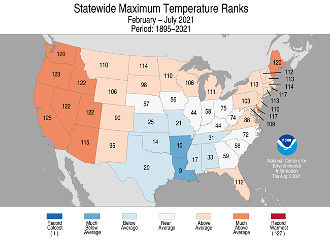 February - July 2021 Statewide Maximum Temperature Ranks