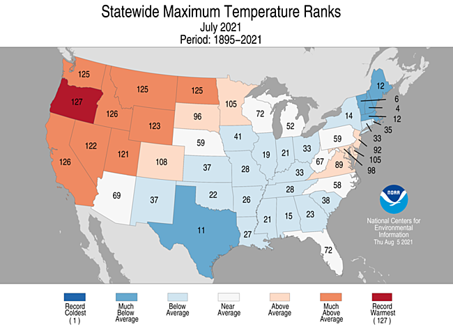 July 2021 Statewide Maximum Temperature Ranks