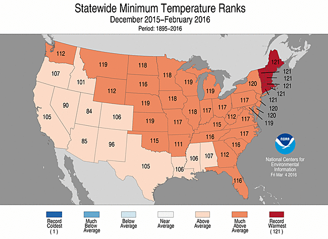 December 2015 - February 2016 Statewide Minimum Temperature Ranks