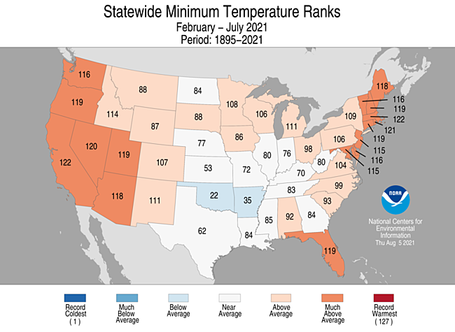 February - July 2021 Statewide Minimum Temperature Ranks