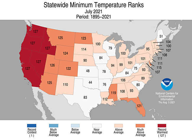 July 2021 Statewide Minimum Temperature Ranks