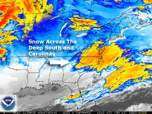 Colorized infrared satellite image of the storm system that dumped snow on the U.S. Deep South on January 23, 2003