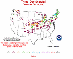 Accumulated snow amounts on December 15-17, 2007