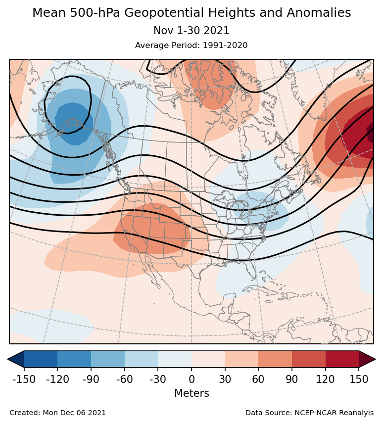 500-mb height mean (contours) and anomalies (shading) for North America for November 2021