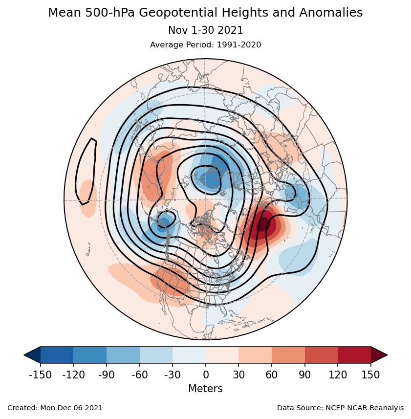 500-mb height mean (contours) and anomalies (shading) for the Northern Hemisphere for November 2021