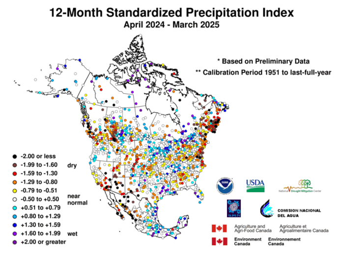 United States & Mexico 12-MonthStandardized Precipitation Index Division-Based Dot Map