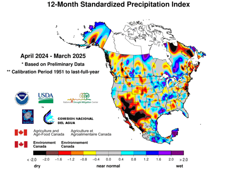 United States & Mexico 12-MonthStandardized Precipitation Index Division-Based Contour Map