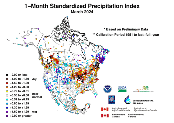 United States & Mexico 1-MonthStandardized Precipitation Index Division-Based Dot Map