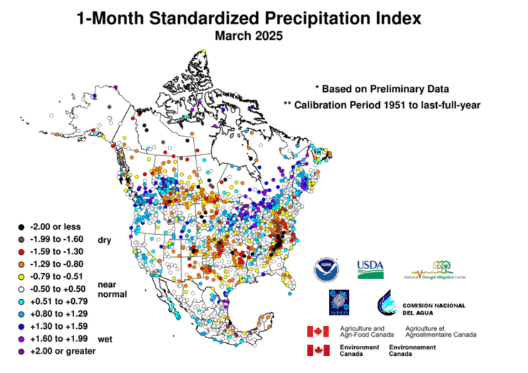 United States & Mexico 1-MonthStandardized Precipitation Index Division-Based Dot Map
