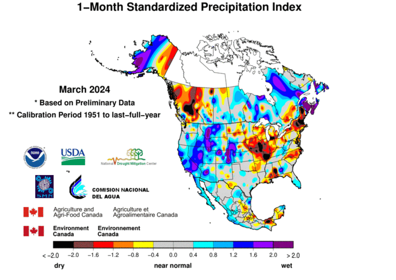 United States & Mexico 1-MonthStandardized Precipitation Index Division-Based Contour Map