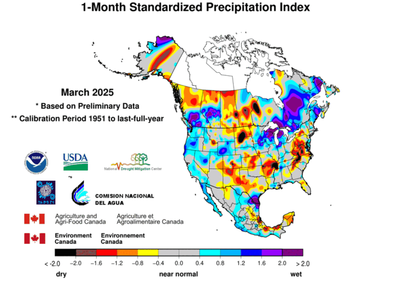 United States & Mexico 1-MonthStandardized Precipitation Index Division-Based Contour Map