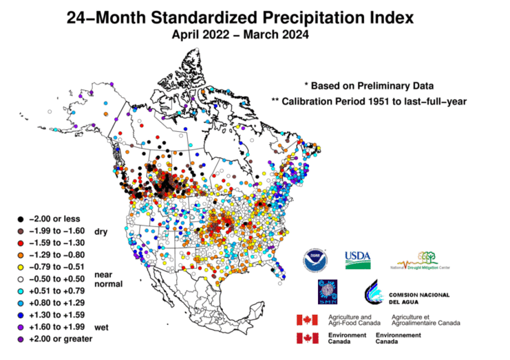United States & Mexico 24-MonthStandardized Precipitation Index Division-Based Dot Map