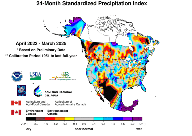 United States & Mexico 24-MonthStandardized Precipitation Index Division-Based Contour Map