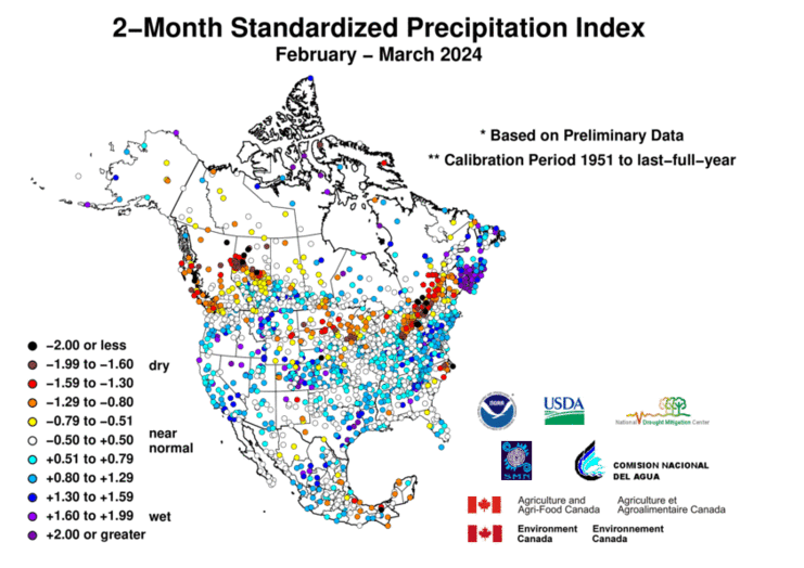 United States & Mexico 2-MonthStandardized Precipitation Index Division-Based Dot Map