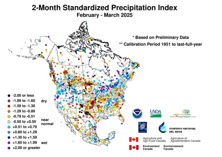 United States & Mexico 2-MonthStandardized Precipitation Index Division-Based Dot Map