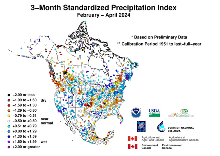 United States & Mexico 3-MonthStandardized Precipitation Index Division-Based Dot Map