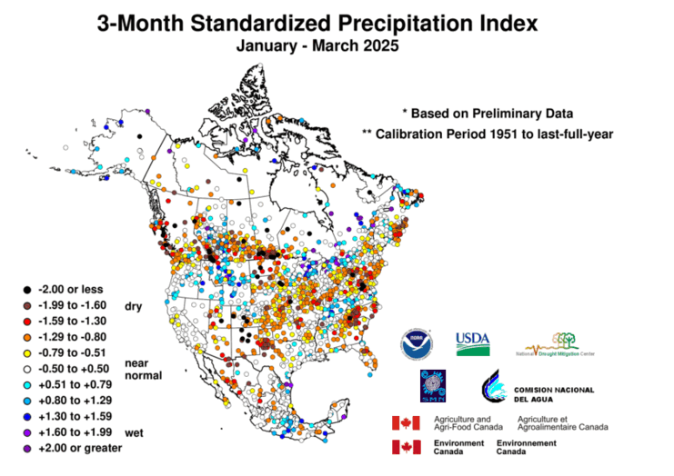 United States & Mexico 3-MonthStandardized Precipitation Index Division-Based Dot Map