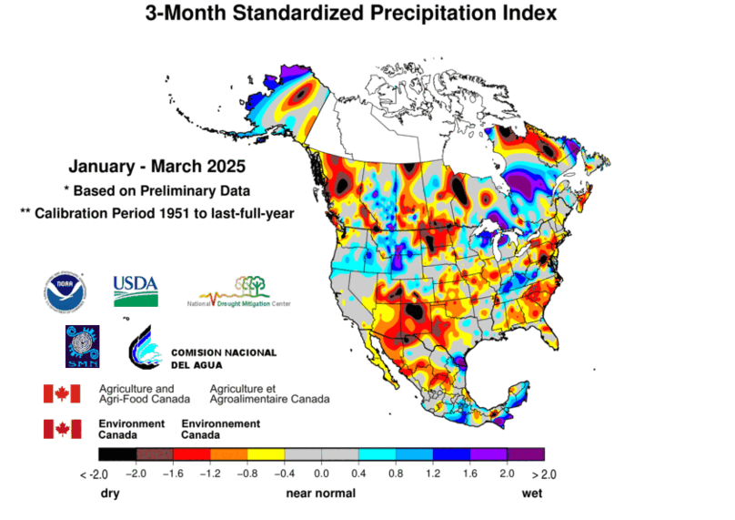 United States & Mexico 3-MonthStandardized Precipitation Index Division-Based Contour Map