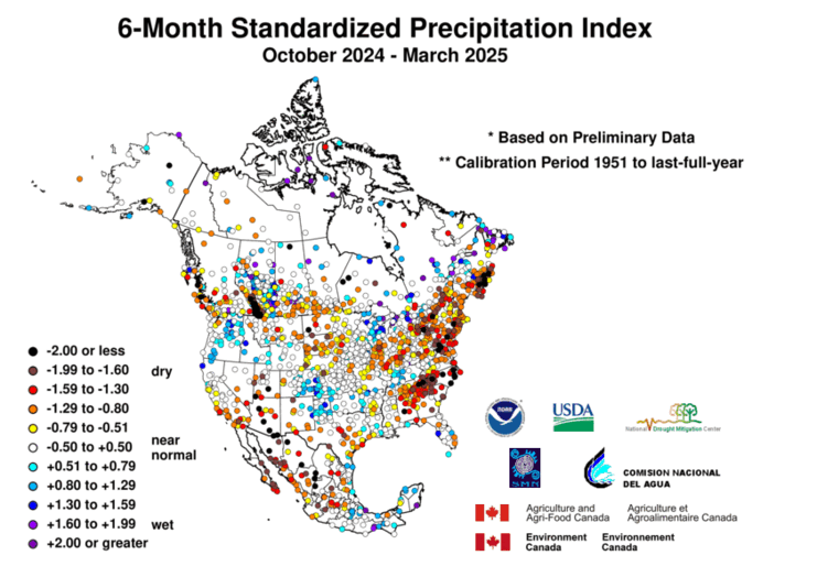 United States & Mexico 6-MonthStandardized Precipitation Index Division-Based Dot Map