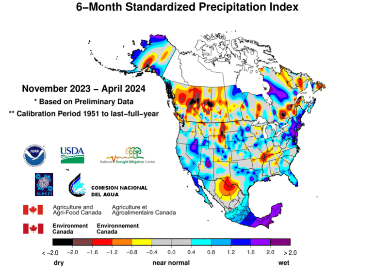 United States & Mexico 6-MonthStandardized Precipitation Index Division-Based Contour Map