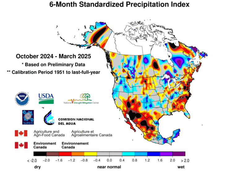 United States & Mexico 6-MonthStandardized Precipitation Index Division-Based Contour Map