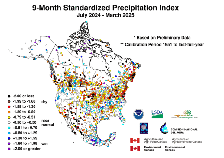 United States & Mexico 9-MonthStandardized Precipitation Index Division-Based Dot Map
