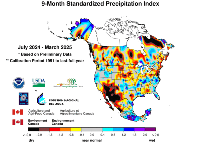 United States & Mexico 9-MonthStandardized Precipitation Index Division-Based Contour Map