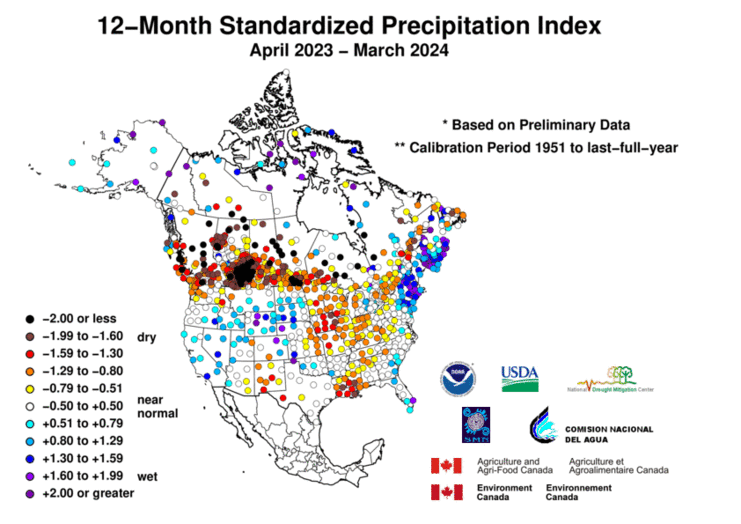 United States & Mexico 12-MonthStandardized Precipitation Index Division-Based Dot Map