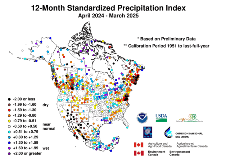 United States & Mexico 12-MonthStandardized Precipitation Index Division-Based Dot Map