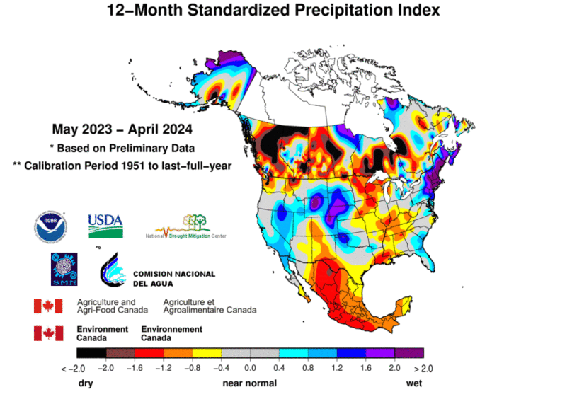 United States & Mexico 12-MonthStandardized Precipitation Index Division-Based Contour Map