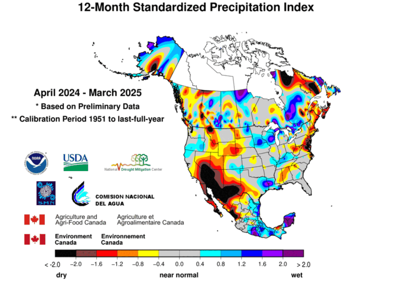 United States & Mexico 12-MonthStandardized Precipitation Index Division-Based Contour Map