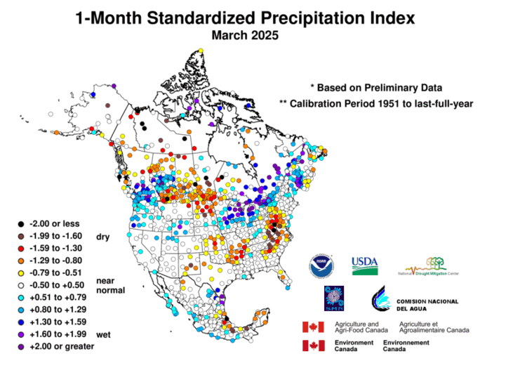 United States & Mexico 1-MonthStandardized Precipitation Index Division-Based Dot Map
