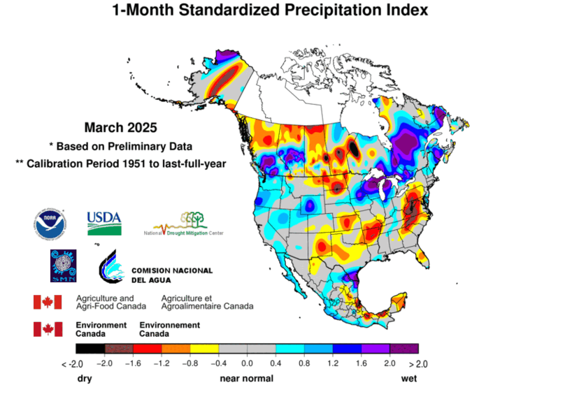 United States & Mexico 1-MonthStandardized Precipitation Index Division-Based Contour Map